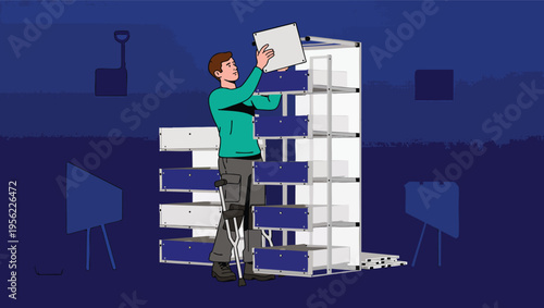 Man with crutch assembling a modular shelving unit with blue drawers disability mobility aid.