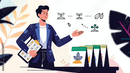 Man with clipboard presenting plant growth stages and seed packets in a stylized illustration presentation.