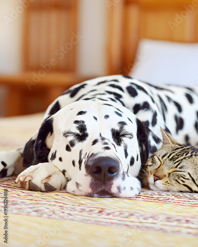 Sleeping dog and cat cozy indoor scene home animal companionship