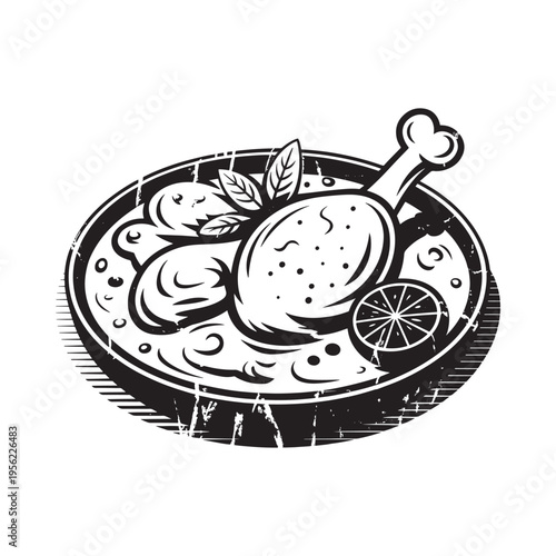 A black and white illustration of roasted chicken on a platter