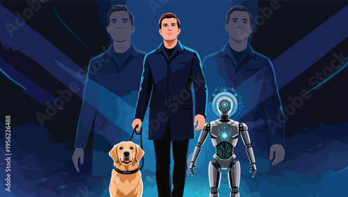 Man with golden retriever and robot companion flanked by shadowy figures in a futuristic setting android.