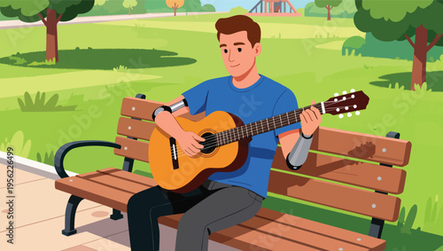 Man with Prosthetic Arms Playing Acoustic Guitar on a Park Bench music.