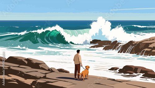 Person and dog on rocky shore observing powerful ocean waves.