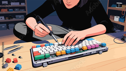 Person soldering custom mechanical keyboard components with colorful keycaps and tools custom keyboard.