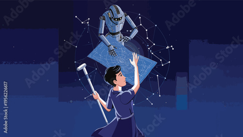 Person with crutch looking up at a robot holding a blueprint against a starry constellation background.