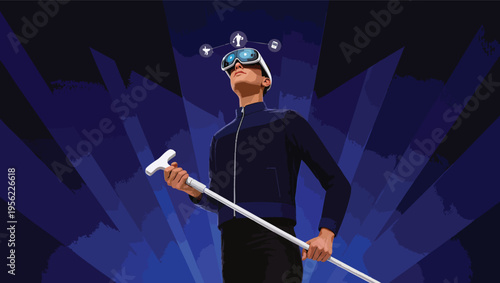 Person wearing VR headset and holding a white cane with digital icons floating above virtual reality.