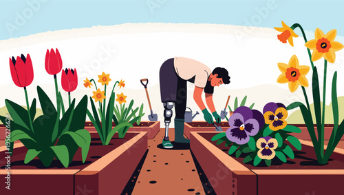 Person with prosthetic leg gardening in a raised bed with tulips and daffodils planting flowers.