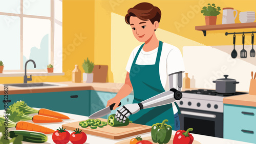 Person with Prosthetic Arm Chopping Vegetables in a Modern Kitchen cooking.