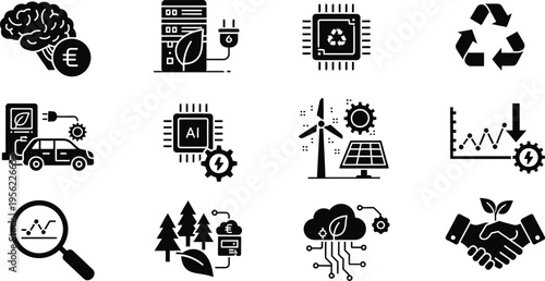 Green Technology and ESG Icon Set with Artificial Intelligence, Renewable Energy, Electric Vehicle, and Sustainable Computing Symbols for Environmental Business Reports and Tech UI Design
