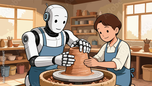 Robot and human working together on a pottery wheel creating a clay pot in a studio.