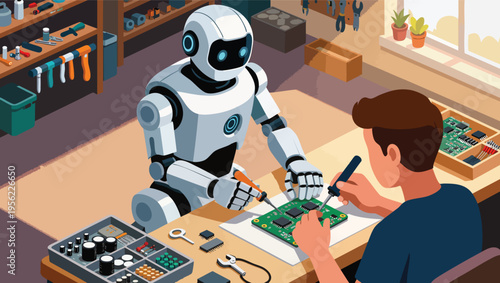 Robot and man working on electronics circuit boards with soldering irons and tools in a workshop human.
