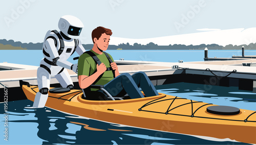 Robot assisting a man in a kayak on a calm lake with docks and a distant shoreline human water.