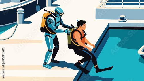 Robot assisting a diver in jumping into the water from a dock.