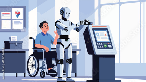 Robot assisting a man in a wheelchair at a voting kiosk in a bright, modern polling station human election.