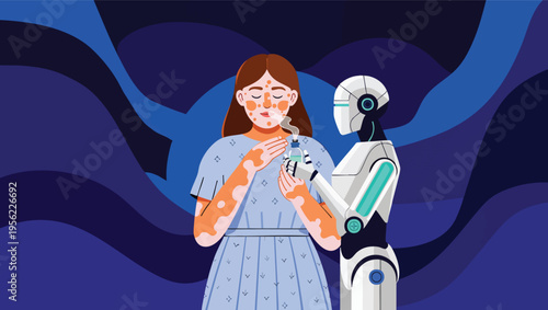 Robot assisting a woman with vitiligo with a nebulizer for skin treatment android human.