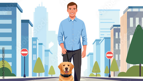 Smiling man walking a golden retriever dog on a leash in a city street with buildings and stop signs.