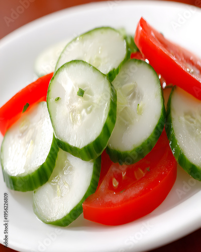 Fresh cucumber and tomato salad kitchen food bright close-up
