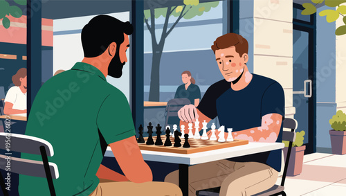 Two men playing chess at an outdoor cafe with vitiligo board game strategy.