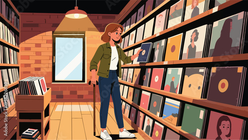 Woman browsing vinyl records in a dimly lit store with shelves full of albums record store music.