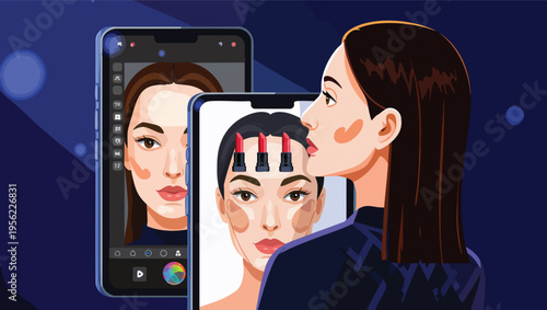 Woman applying makeup using smartphone filters and virtual lipstick application beauty mobile phone.