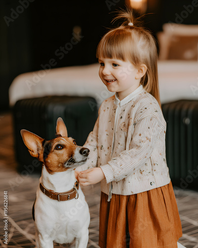 Playful child and dog bonding moment in cozy home