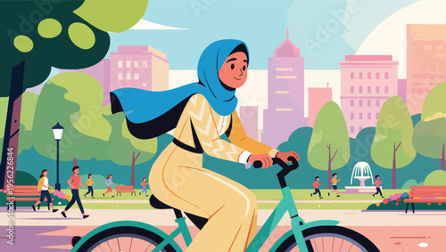 Woman in hijab cycling through a park with city buildings in the background bicycle riding.