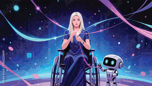 Woman in a wheelchair interacting with a small robot amidst a futuristic digital landscape disability.