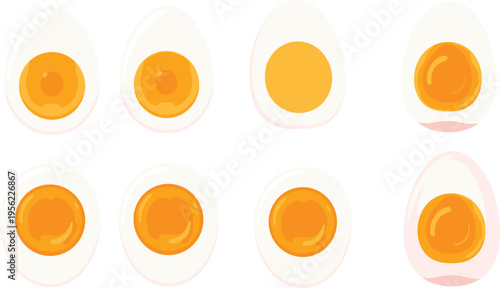 Egg Yolk Vector Illustration Set with Raw Egg Top View Variations for Cooking Guides, Breakfast Menu Graphics, Recipe Ingredients, Nutrition Education, and Food Preparation Designs