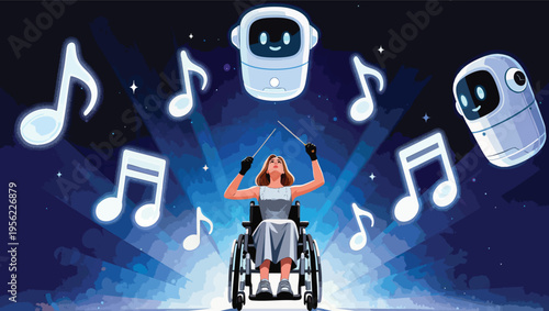 Woman in wheelchair conducting robots with musical notes in a vibrant blue and purple abstract background.