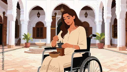 Woman in wheelchair grinding coffee beans in a courtyard vector illustration.