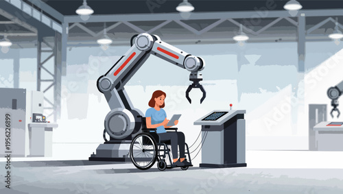 Woman in Wheelchair Operating Robotic Arm in Factory disability accessibility.