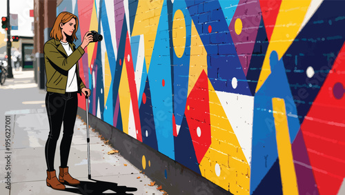 Woman with cane photographing a colorful graffiti mural on a brick wall camera photography.