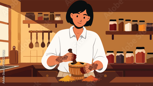 Woman with henna tattoos grinding spices in a mortar and pestle in a kitchen vector illustration.