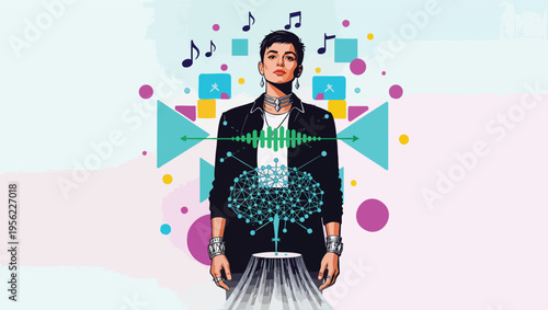 Woman with stylized brain and sound waves representing creativity and music technology.