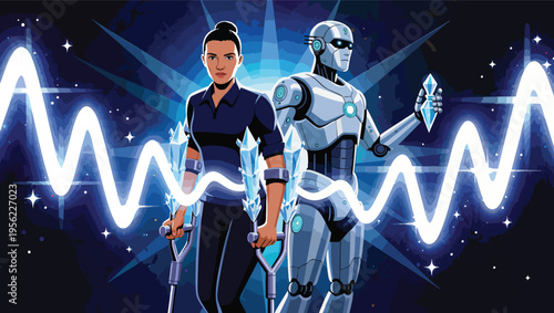 Woman with prosthetic arms and robot standing amidst glowing crystals and energy waves android artificial intelligence.