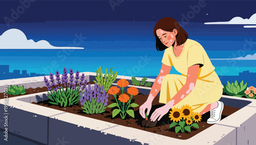 Woman with vitiligo planting flowers in a rooftop garden at dusk skin condition gardening.