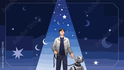 Young man with robot dog under starry night sky spotlight with crescent moons and stars android.