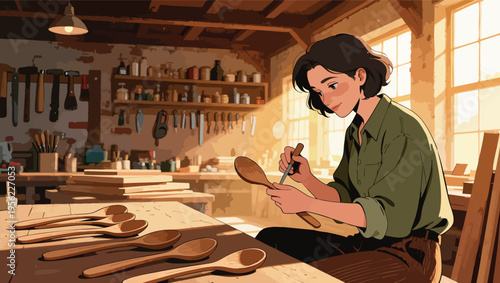 Young woman carving wooden spoons in a sunlit workshop with tools and shelves vector illustration.