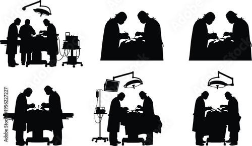 Black silhouette surgeons performing medical operation teamwork in hospital operating room with surgical lights, monitors, instruments, and patient care illustration