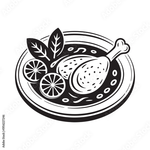 A black and white illustration of a chicken drumstick with citrus fruit