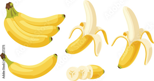 Banana Fruit Vector Illustration Set with Whole Bunch, Peeled Banana, and Sliced Pieces for Healthy Food Design, Grocery Branding, Nutrition Graphics, and Menu Elements