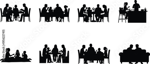Family and friends eating together silhouettes, social dining vector illustration showing communal food interaction scenes for lifestyle and cultural content.