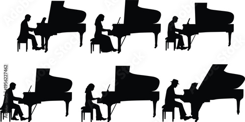 Grand piano silhouette vector illustration showing musicians performing, seated pianists, elegant posture, musical artistry, concert performance, and classical instrument design