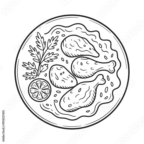 A hand drawn illustration of fried chicken with lemon and parsley
