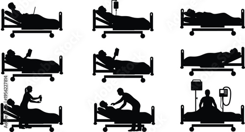 Silhouette hospital bed patients with medical care, healthcare workers, monitoring equipment, recovery activities, treatment routines, hospital ward vector illustration