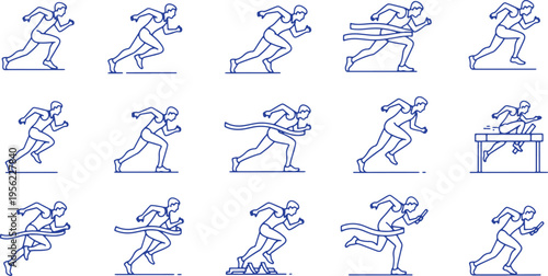 Illustrations of various athletic running and jumping techniques in action