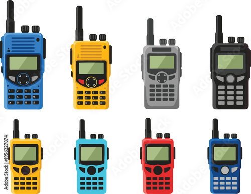 Walkie Talkie Radio Communication Device Icon Set with Colorful Handheld Transceivers for Emergency Services, Security Systems, App Interface Design, and Technology Illustration Collection