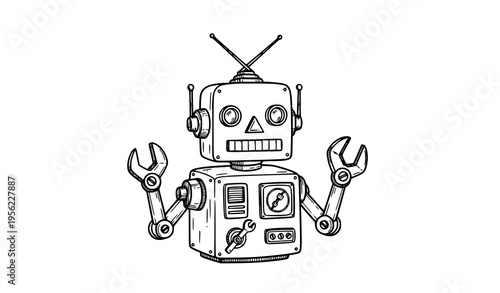 Retro robot character with tools hand drawn sketch vector illustration