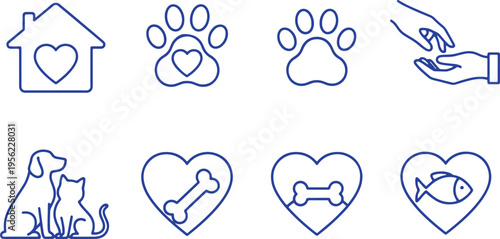 Collection of icons representing pet care and love for animals