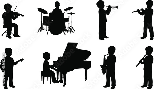 Silhouette vector illustration of children playing violin, drum set, trumpet, flute, guitar, piano, saxophone, clarinet, music education diversitySilhouette